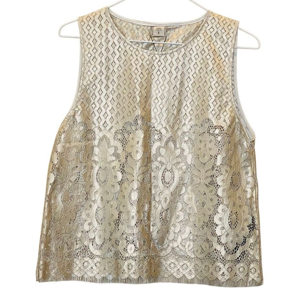 NWT Zara Collection Crew Neck Sleeveless Metallic Coated Lace Tank Gold Small